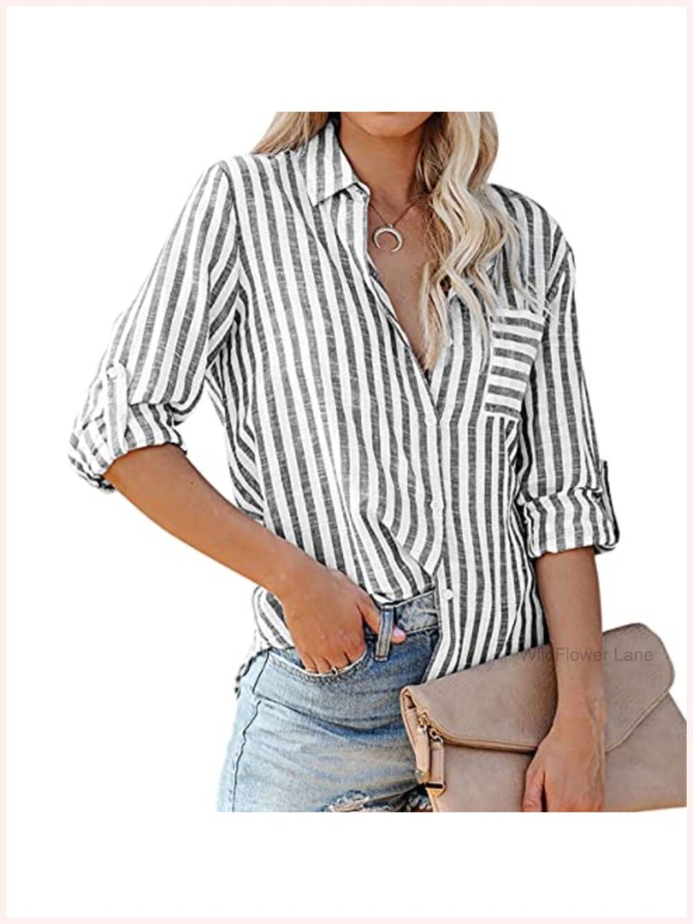 R.Vivimos Cotton Blend Button Down Shirt Long Sleeve Roll Up V Neck Blouse